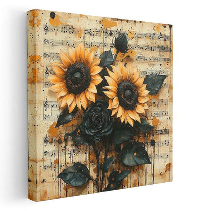 Müzik ve Çiçekler - Vintage Nota Kağıdı Üzerinde Ayçiçekleri Kanvas Tablo