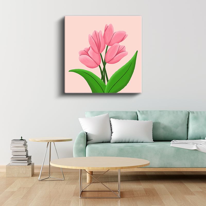 Pembe Laleler - Pastel Fonda Minimalist Çiçek Tasarımı Kanvas Tablo