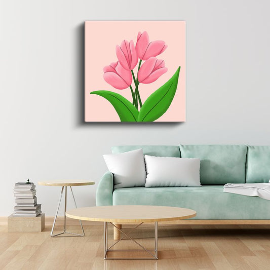 Pembe Laleler - Pastel Fonda Minimalist Çiçek Tasarımı Kanvas Tablo