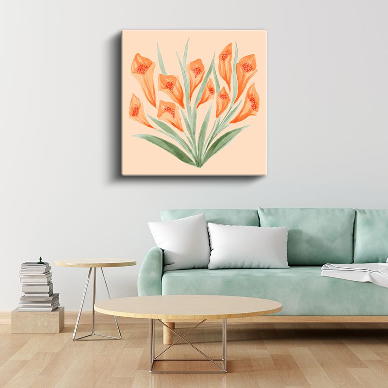 Turuncu Zambaklar - Krem Fonda Botanik İllüstrasyon Kanvas Tablo