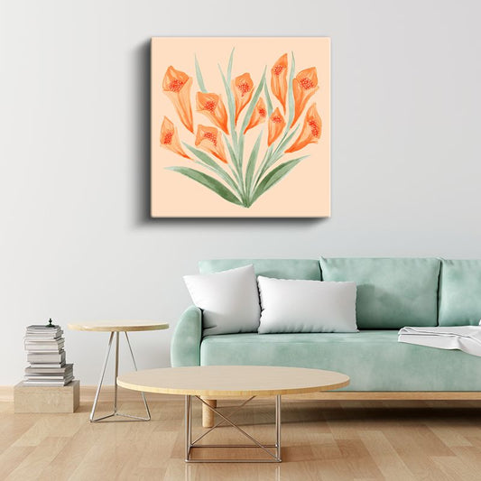 Turuncu Zambaklar - Krem Fonda Botanik İllüstrasyon Kanvas Tablo