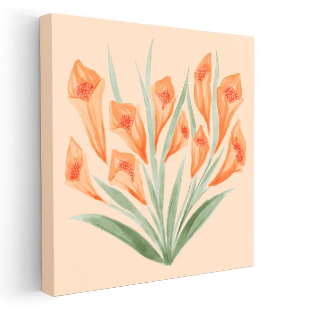 Turuncu Zambaklar - Krem Fonda Botanik İllüstrasyon Kanvas Tablo