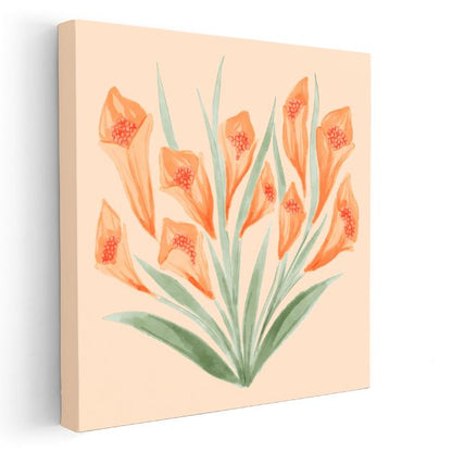 Turuncu Zambaklar - Krem Fonda Botanik İllüstrasyon Kanvas Tablo