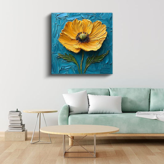 Sarı Gelincik - Mavi Fonda İmpasto Tekniği Çiçek Portresi Kanvas Tablo