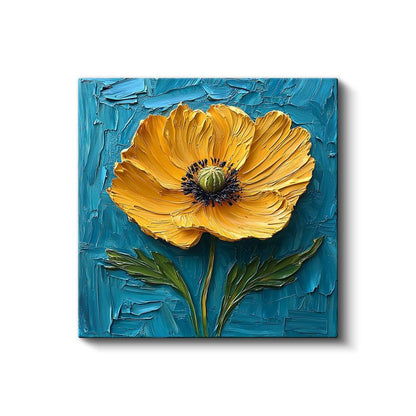 Sarı Gelincik - Mavi Fonda İmpasto Tekniği Çiçek Portresi Kanvas Tablo