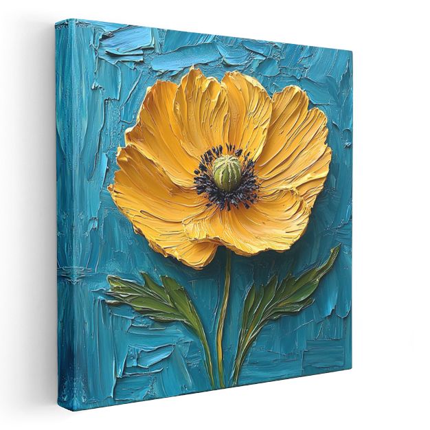Sarı Gelincik - Mavi Fonda İmpasto Tekniği Çiçek Portresi Kanvas Tablo