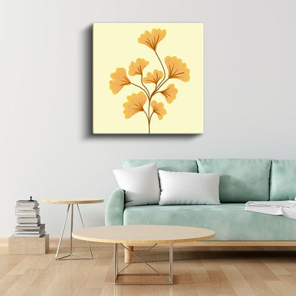 Ginkgo Yaprakları - Krem Fonda Altın Sarısı Botanik Desen Kanvas Tablo