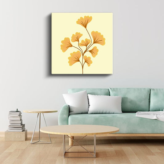 Ginkgo Yaprakları - Krem Fonda Altın Sarısı Botanik Desen Kanvas Tablo