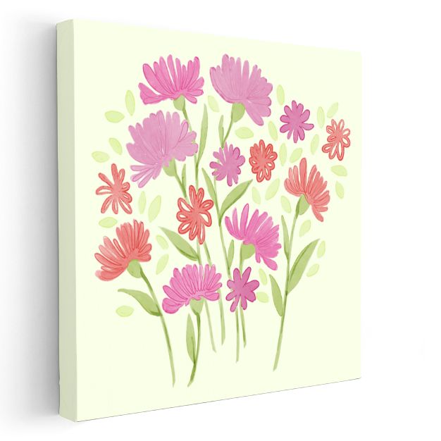 Pembe Papatyalar - Açık Yeşil Fonda Bahar Çiçekleri Kanvas Tablo