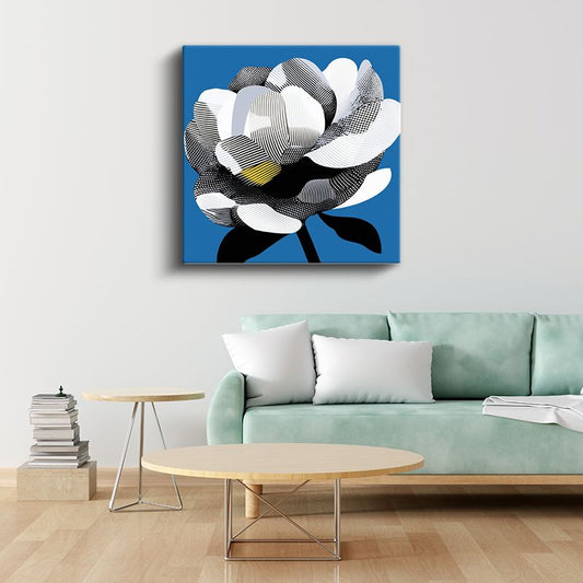 Modern Kamelya - Mavi Fonda Siyah Beyaz Çizgili Çiçek Kanvas Tablo
