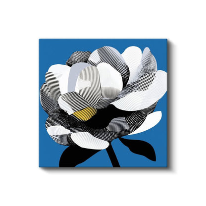 Modern Kamelya - Mavi Fonda Siyah Beyaz Çizgili Çiçek Kanvas Tablo