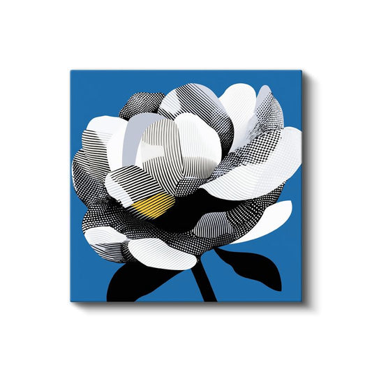 Modern Kamelya - Mavi Fonda Siyah Beyaz Çizgili Çiçek Kanvas Tablo