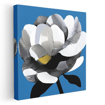 Modern Kamelya - Mavi Fonda Siyah Beyaz Çizgili Çiçek Kanvas Tablo