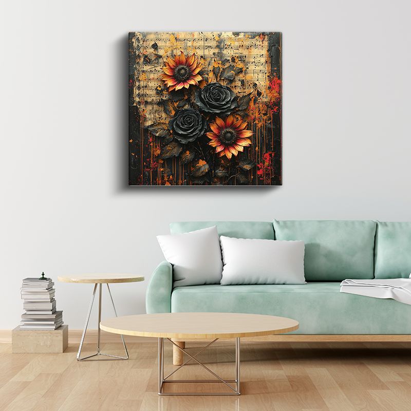 Dramatik Çiçekler - Koyu Fonda Ayçiçeği ve Siyah Güller Kanvas Tablo