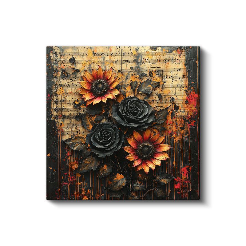 Dramatik Çiçekler - Koyu Fonda Ayçiçeği ve Siyah Güller Kanvas Tablo