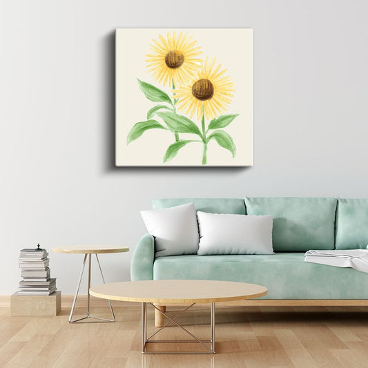 Suluboya Ayçiçekleri - Krem Fonda Minimalist Çiçek İllüstrasyonu Kanvas Tablo