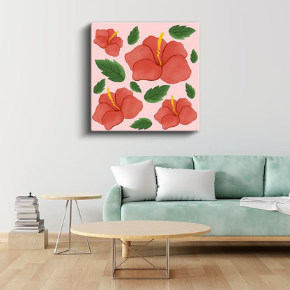 Kırmızı Hibiskus - Pembe Fonda Tropikal Çiçek Deseni Kanvas Tablo