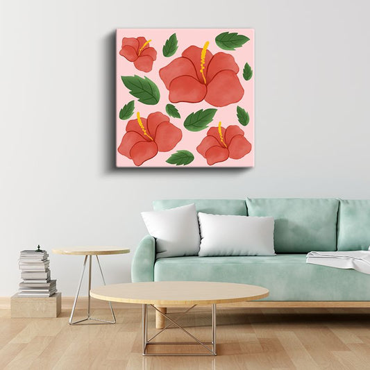 Kırmızı Hibiskus - Pembe Fonda Tropikal Çiçek Deseni Kanvas Tablo
