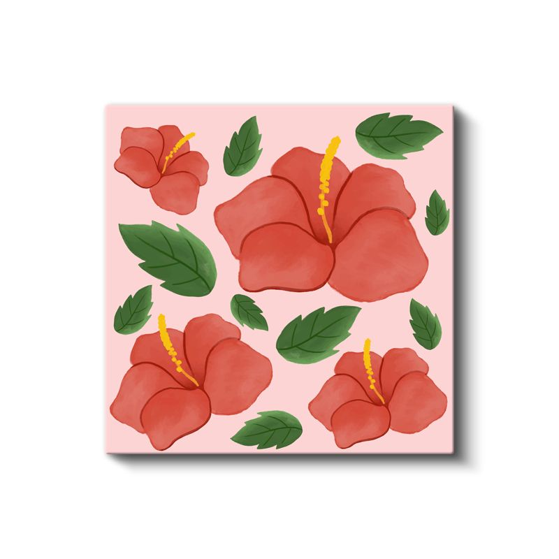 Kırmızı Hibiskus - Pembe Fonda Tropikal Çiçek Deseni Kanvas Tablo