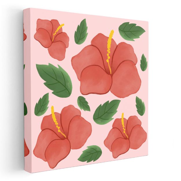 Kırmızı Hibiskus - Pembe Fonda Tropikal Çiçek Deseni Kanvas Tablo
