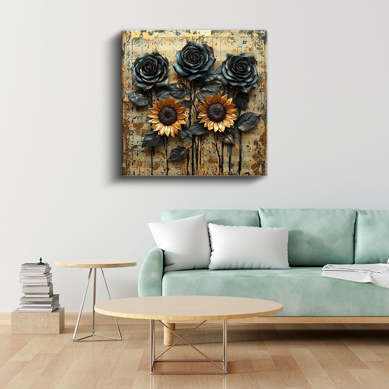Müzikal Kompozisyon - Nota Kağıdı Üzerinde Ayçiçeği ve Güller Kanvas Tablo