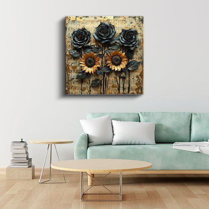 Müzikal Kompozisyon - Nota Kağıdı Üzerinde Ayçiçeği ve Güller Kanvas Tablo