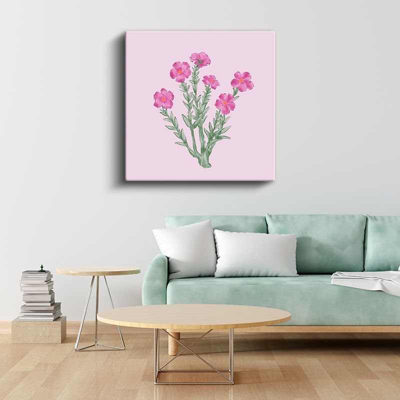Pembe Çiçekler - Pastel Fonda Zarif Botanik İllüstrasyon Kanvas Tablo
