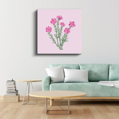 Pembe Çiçekler - Pastel Fonda Zarif Botanik İllüstrasyon Kanvas Tablo
