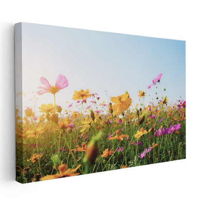 Kır Çiçekleri Manzarası - Mavi Gökyüzü Altında Renkli Çiçekler Kanvas Tablo