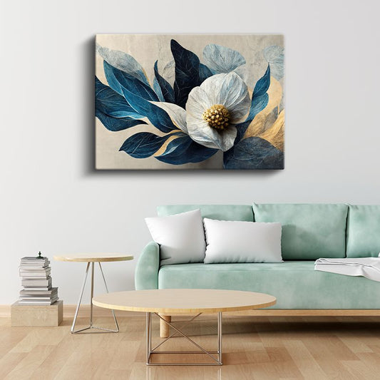 Mavi Yapraklı Beyaz Çiçek - Krem Fonda Modern Botanik Tasarım Kanvas Tablo