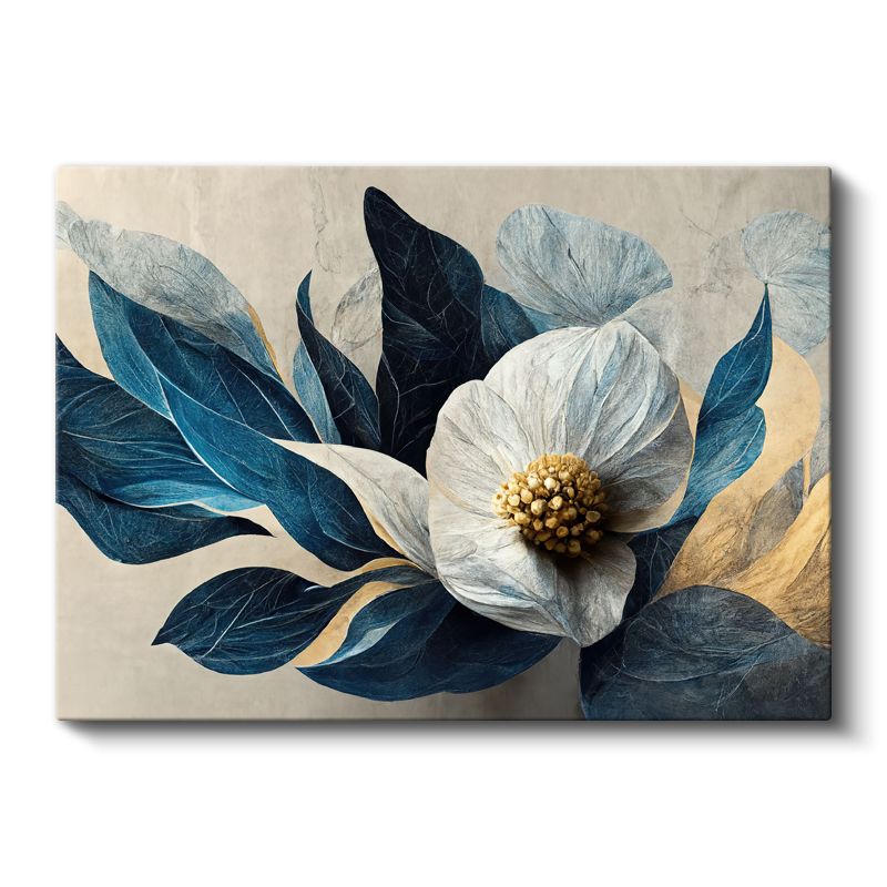 Mavi Yapraklı Beyaz Çiçek - Krem Fonda Modern Botanik Tasarım Kanvas Tablo