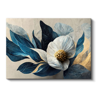 Mavi Yapraklı Beyaz Çiçek - Krem Fonda Modern Botanik Tasarım Kanvas Tablo