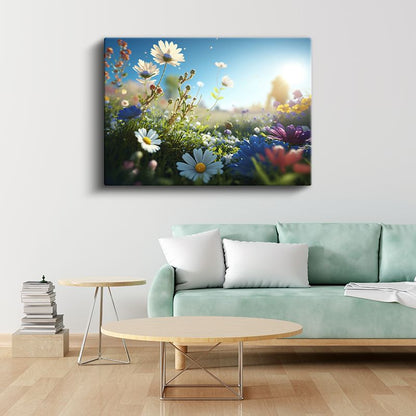 Bahar Papatyaları - Mavi Gökyüzü Altında Kır Çiçekleri Kanvas Tablo