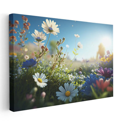 Bahar Papatyaları - Mavi Gökyüzü Altında Kır Çiçekleri Kanvas Tablo