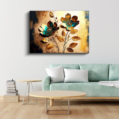 Altın Turkuaz Çiçekler - 3D Kabartma Görünümlü Metalik Yaprak Sanatı Kanvas Tablo