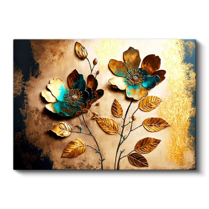 Altın Turkuaz Çiçekler - 3D Kabartma Görünümlü Metalik Yaprak Sanatı Kanvas Tablo