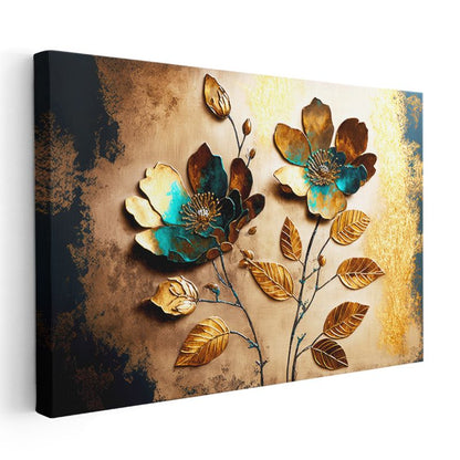 Altın Turkuaz Çiçekler - 3D Kabartma Görünümlü Metalik Yaprak Sanatı Kanvas Tablo