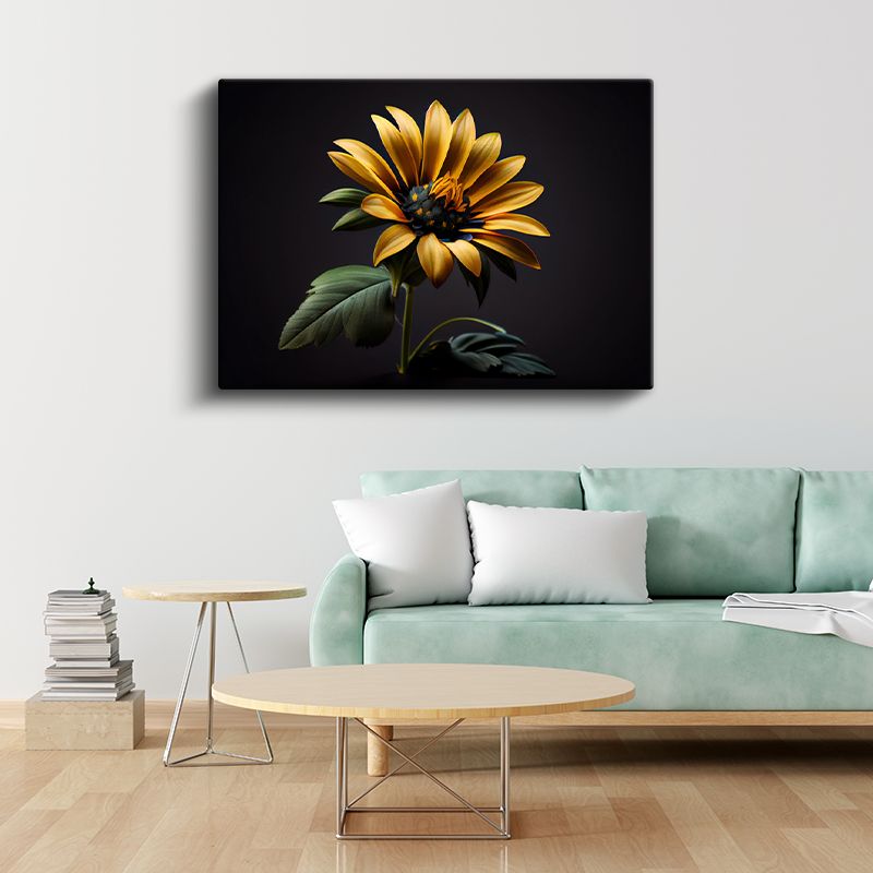 Dramatik Ayçiçeği - Siyah Fonda Altın Sarısı Çiçek Portresi Kanvas Tablo