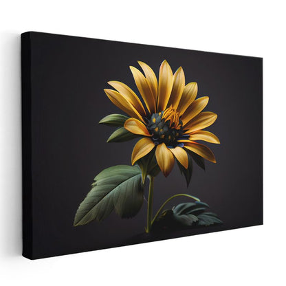 Dramatik Ayçiçeği - Siyah Fonda Altın Sarısı Çiçek Portresi Kanvas Tablo