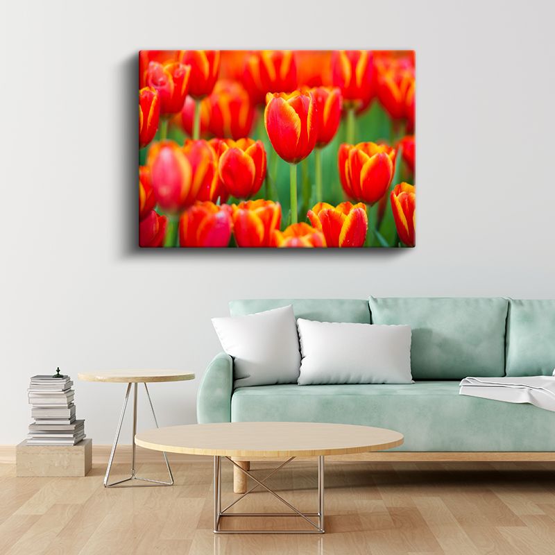 Ateş Laleler - Yeşil Fonda Turuncu Kırmızı Çiçek Bahçesi Kanvas Tablo