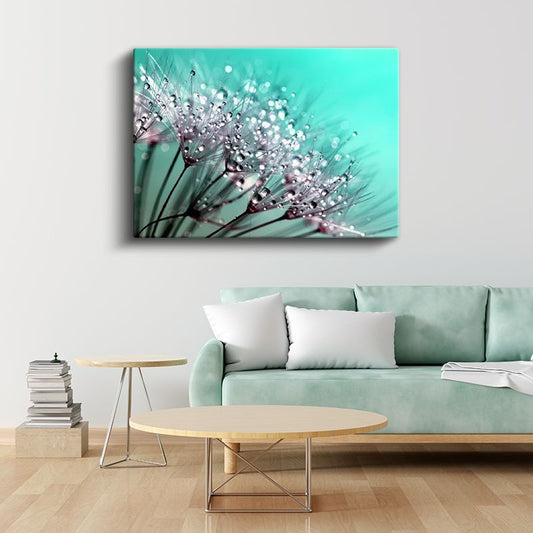 Turkuaz Karahindiba - Çiy Damlacıklı Narin Çiçek Silüeti Kanvas Tablo
