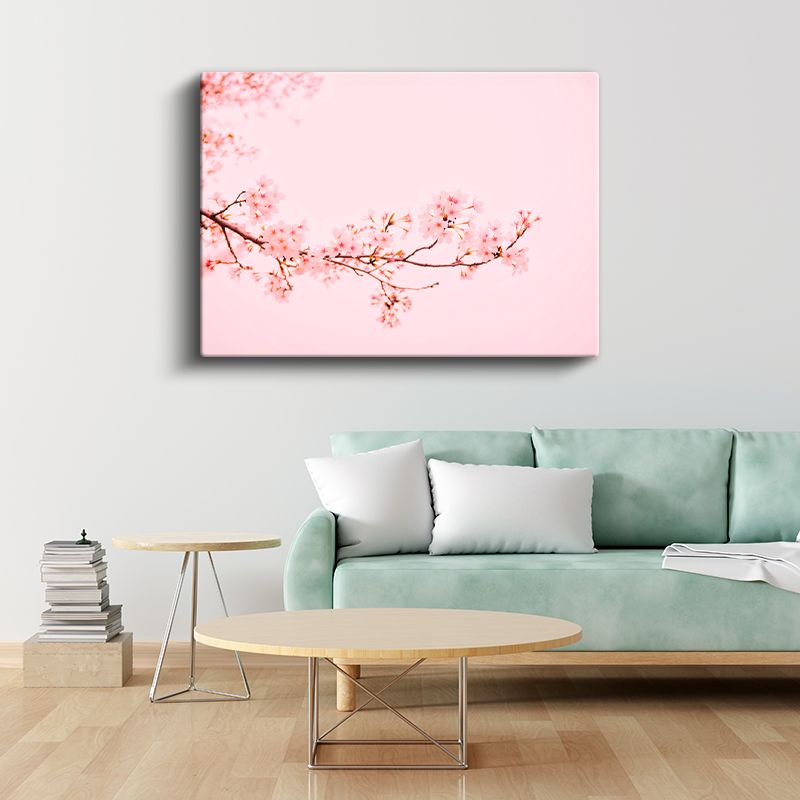 Bahar Gülleri - Mavi Fonda Katmerlı Pembe Çiçek Buketi Kanvas Tablo