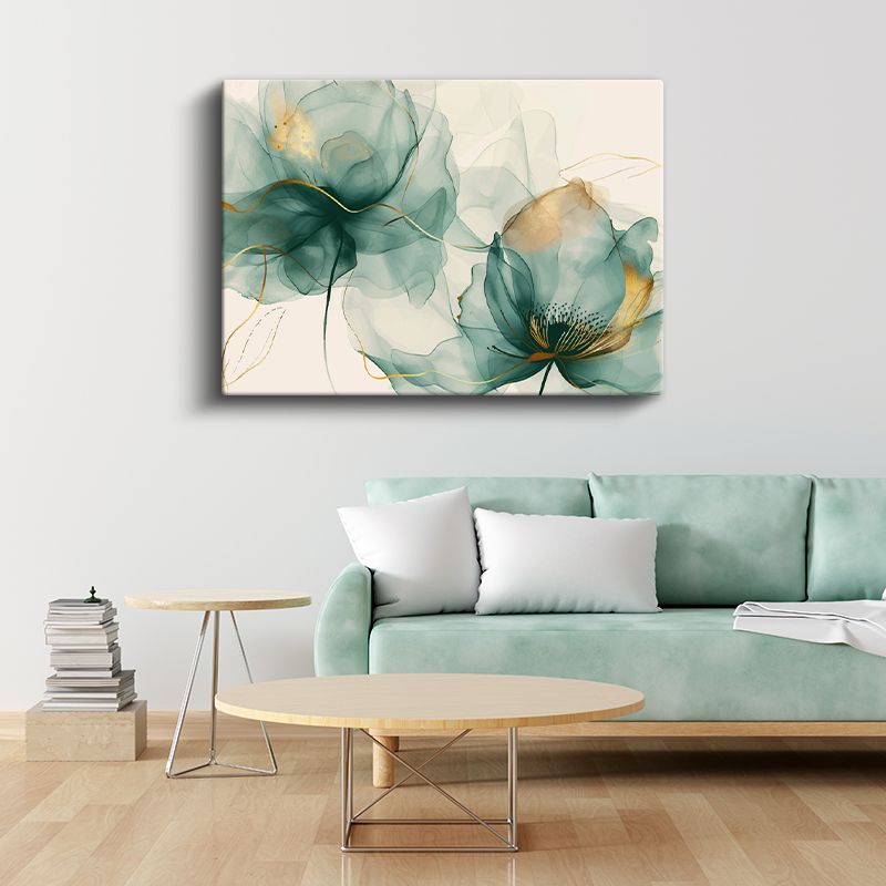 Lüks Çiçek Sanatı - Altın Turkuaz 3D Kabartma Görünümlü Dekoratif Tasarım Kanvas Tablo