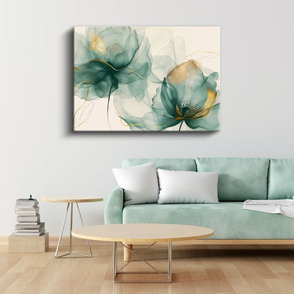Lüks Çiçek Sanatı - Altın Turkuaz 3D Kabartma Görünümlü Dekoratif Tasarım Kanvas Tablo