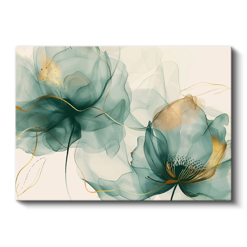Lüks Çiçek Sanatı - Altın Turkuaz 3D Kabartma Görünümlü Dekoratif Tasarım Kanvas Tablo