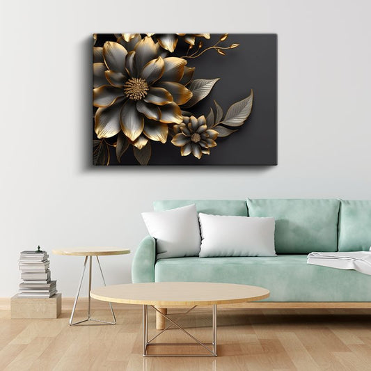 Mavi Çiçekler - Altın Detaylı Zarif Kompozisyon Kanvas Tablo