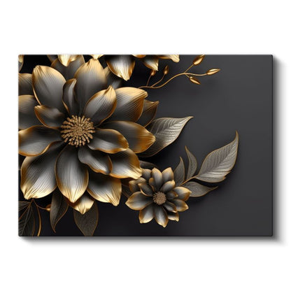 Mavi Çiçekler - Altın Detaylı Zarif Kompozisyon Kanvas Tablo