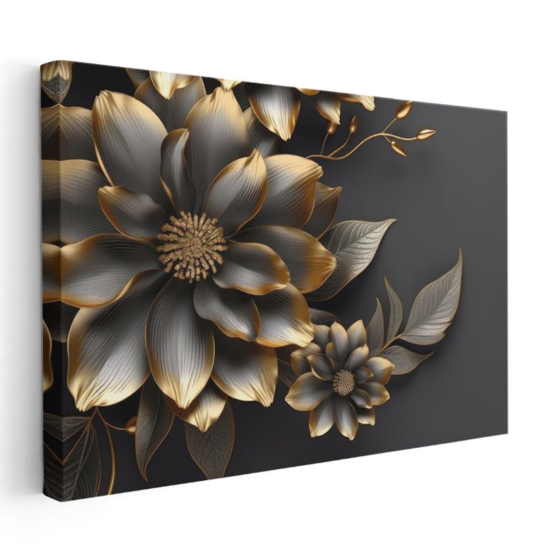 Mavi Çiçekler - Altın Detaylı Zarif Kompozisyon Kanvas Tablo