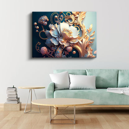 Mermer Çiçekleri - Altın Yapraklı Beyaz Zarafet Kanvas Tablo