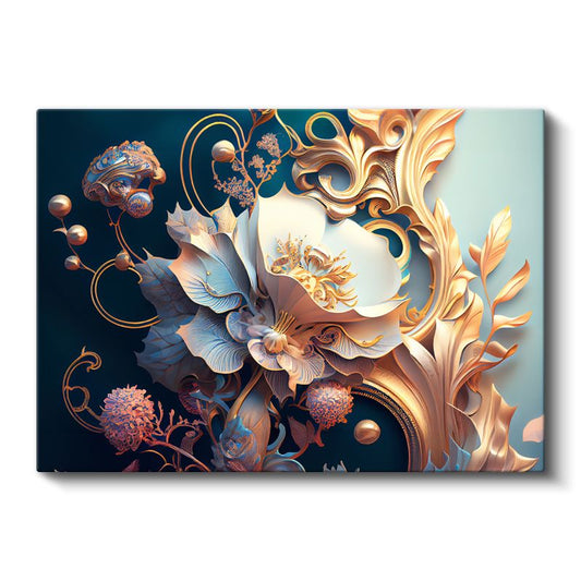 Mermer Çiçekleri - Altın Yapraklı Beyaz Zarafet Kanvas Tablo